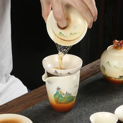 Retro Pottery Sancai Gaiwan Japanese Style Tea Tureen Ceramic Teaware Tea Set Home Decor Handpainted Kung Fu Tea Cups