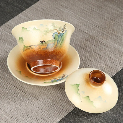 Retro Pottery Sancai Gaiwan Japanese Style Tea Tureen Ceramic Teaware Tea Set Home Decor Handpainted Kung Fu Tea Cups
