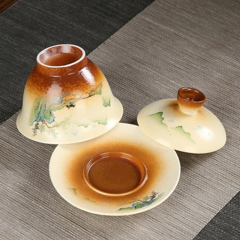 Retro Pottery Sancai Gaiwan Japanese Style Tea Tureen Ceramic Teaware Tea Set Home Decor Handpainted Kung Fu Tea Cups