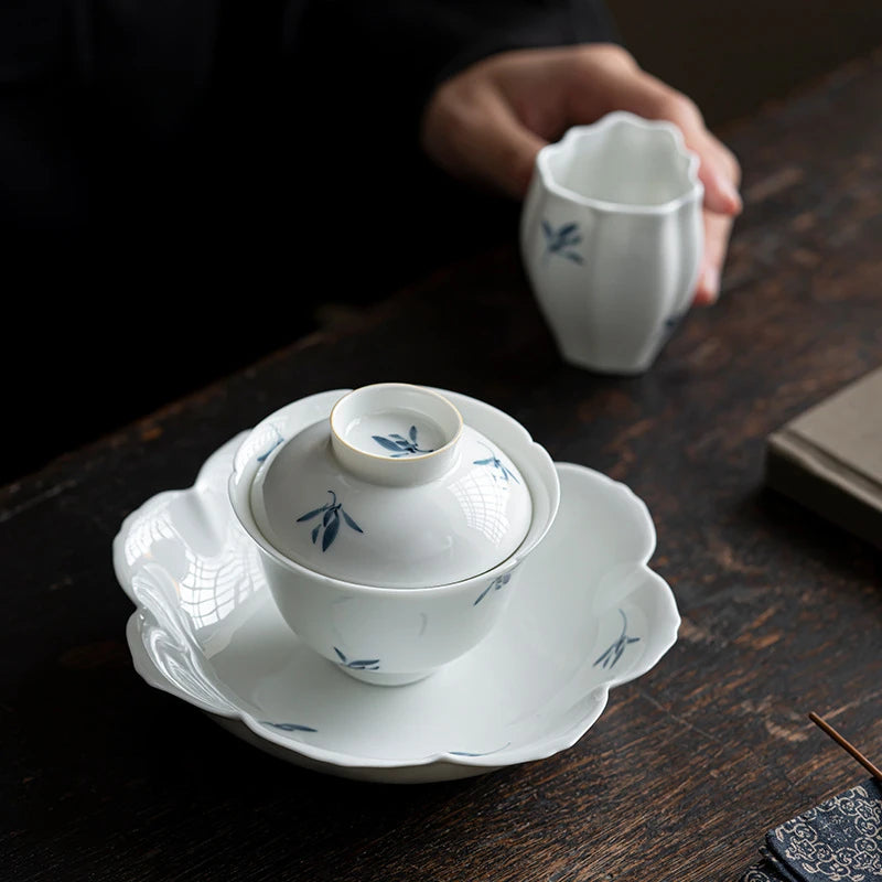 Retro Pure Hand-painted Butterfly Orchid Ceramic Gaiwan Luxury Tea Tureen Tea Making Cover Bowl Tea Services Accessories Craft