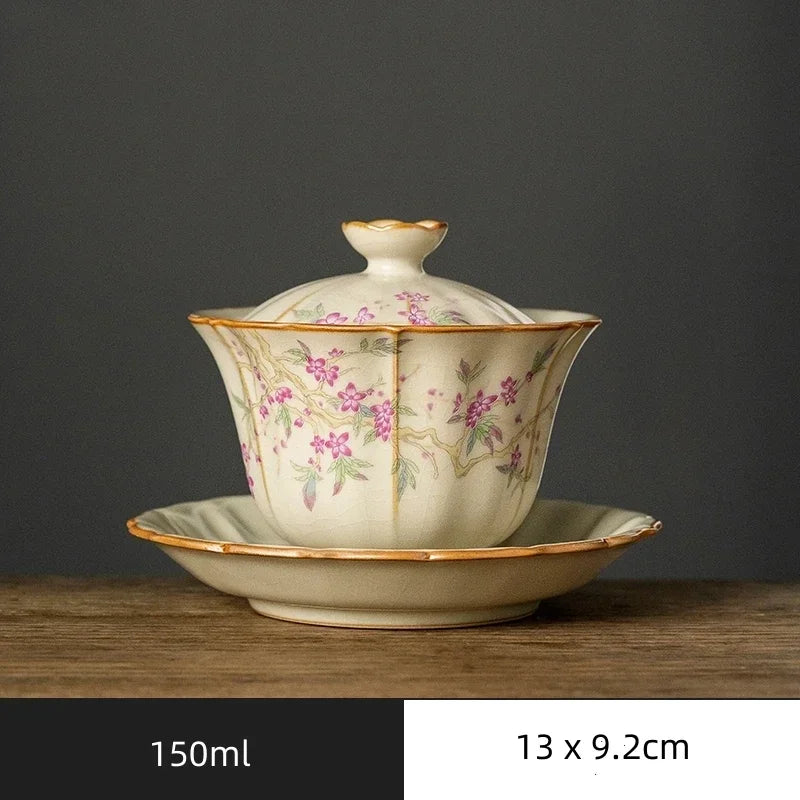 Retro Ru Kiln Tea Tureen  Ceramic Sancai Cover Bowl Tea Maker Gaiwan Can Raise Kung Fu Teaware