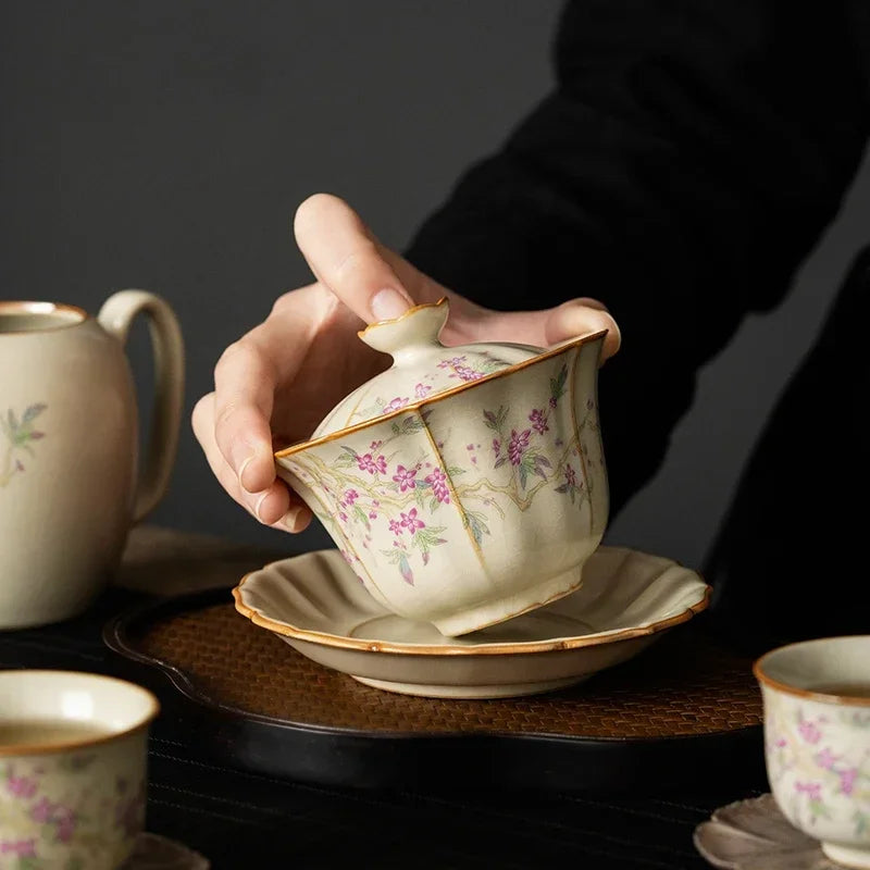 Retro Ru Kiln Tea Tureen  Ceramic Sancai Cover Bowl Tea Maker Gaiwan Can Raise Kung Fu Teaware