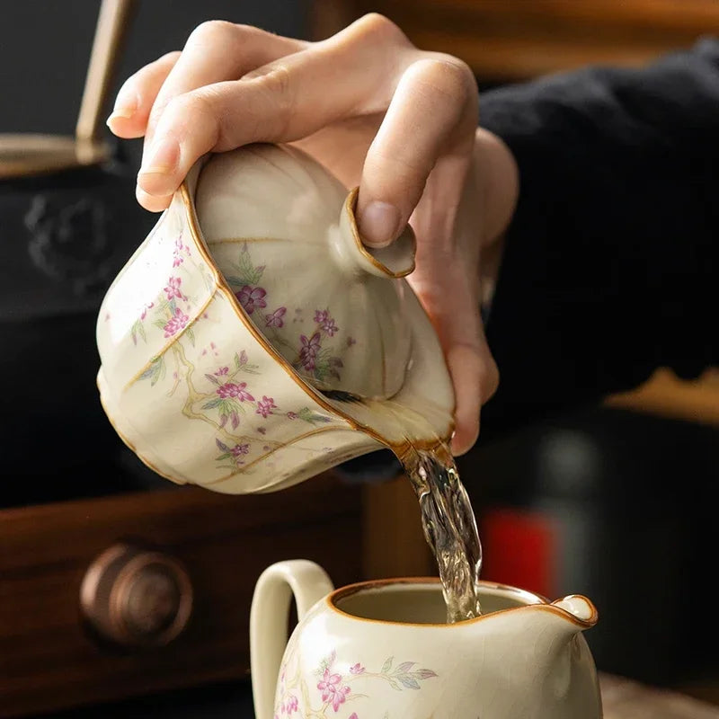 Retro Ru Kiln Tea Tureen  Ceramic Sancai Cover Bowl Tea Maker Gaiwan Can Raise Kung Fu Teaware