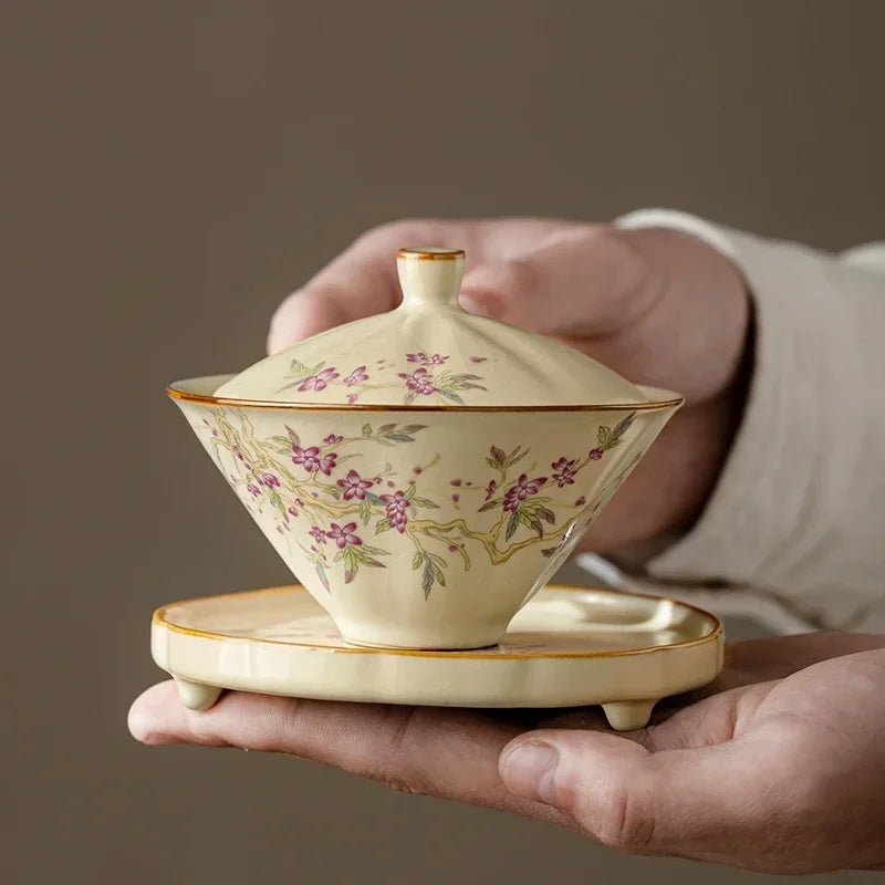 Retro Ru Kiln Tea Tureen  Ceramic Sancai Cover Bowl Tea Maker Gaiwan Can Raise Kung Fu Teaware