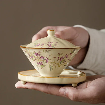 Retro Ru Kiln Tea Tureen  Ceramic Sancai Cover Bowl Tea Maker Gaiwan Can Raise Kung Fu Teaware