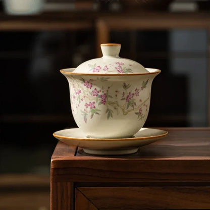 Retro Ru Kiln Tea Tureen  Ceramic Sancai Cover Bowl Tea Maker Gaiwan Can Raise Kung Fu Teaware