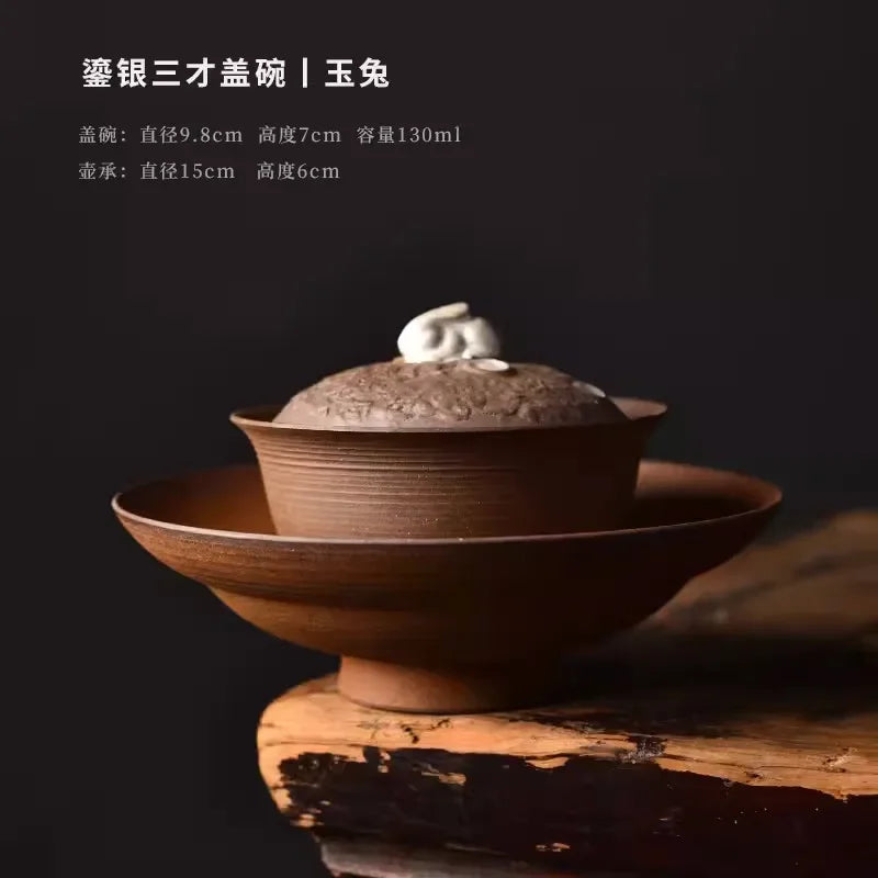 Retro Sancai Bowl Home Office Tea Making Set Handmade Single Silver Gilt Stoneware Covered Grab Pot Gaiwan for Tea Teaware Bar