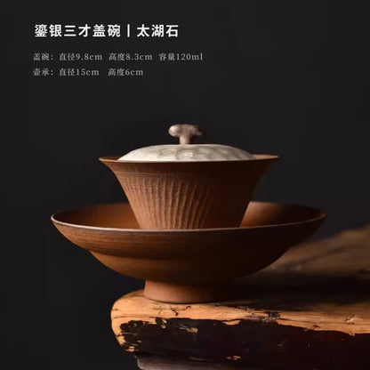 Retro Sancai Bowl Home Office Tea Making Set Handmade Single Silver Gilt Stoneware Covered Grab Pot Gaiwan for Tea Teaware Bar