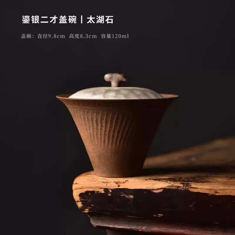 Retro Sancai Bowl Home Office Tea Making Set Handmade Single Silver Gilt Stoneware Covered Grab Pot Gaiwan for Tea Teaware Bar