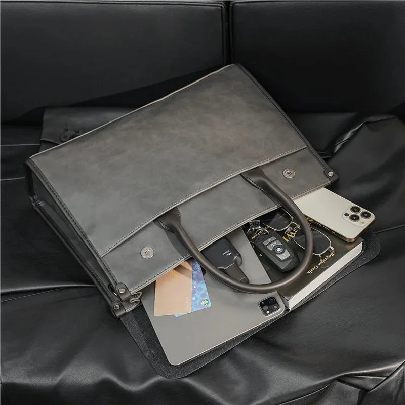 Retro Soft Leather Briefcase For Men Business Handbag Casual Office Shoulder Messenger Large Capacity Laptop Bag