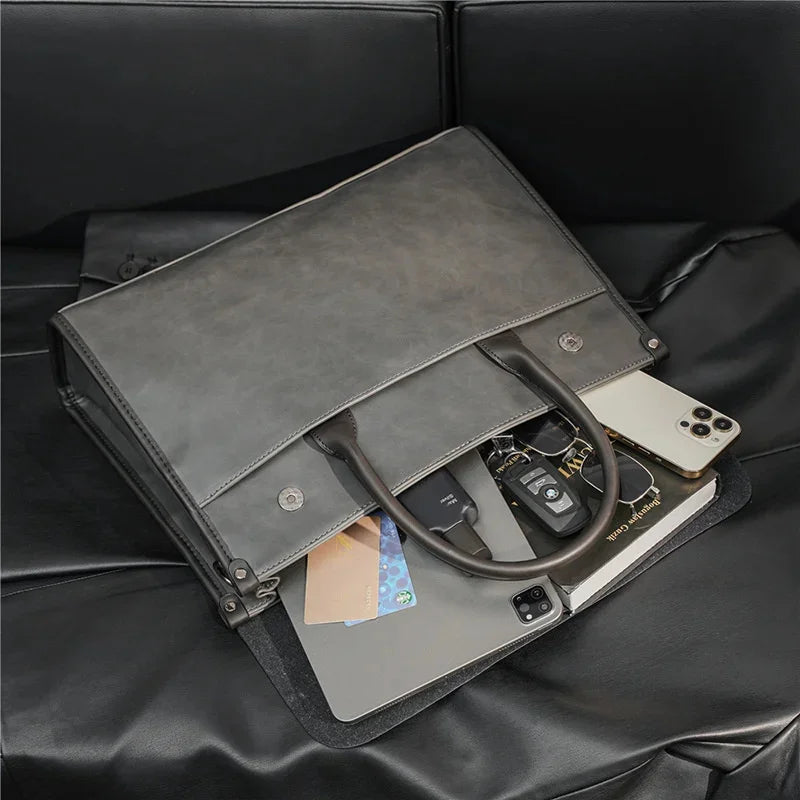 Retro Soft Leather Briefcase For Men Business Handbag Casual Office Shoulder Messenger Large Capacity Laptop Bag