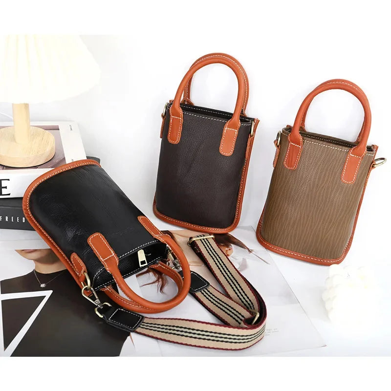 Retro Soft Leather Ladies Diagonal New Top Layer Cowhide Mini Bucket Wide Strap Single Shoulder Small Bag