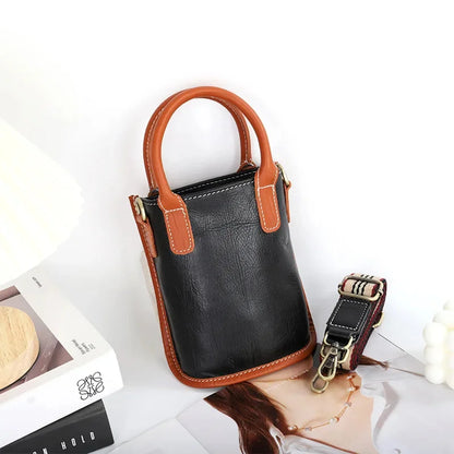 Retro Soft Leather Ladies Diagonal New Top Layer Cowhide Mini Bucket Wide Strap Single Shoulder Small Bag