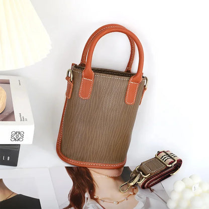 Retro Soft Leather Ladies Diagonal New Top Layer Cowhide Mini Bucket Wide Strap Single Shoulder Small Bag