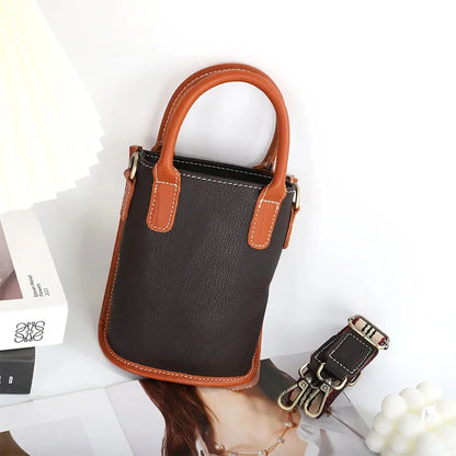 Retro Soft Leather Ladies Diagonal New Top Layer Cowhide Mini Bucket Wide Strap Single Shoulder Small Bag