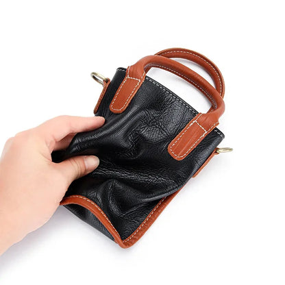 Retro Soft Leather Ladies Diagonal New Top Layer Cowhide Mini Bucket Wide Strap Single Shoulder Small Bag