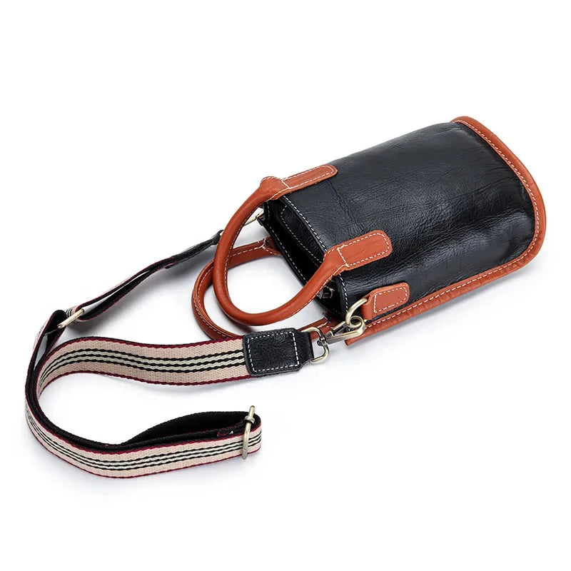 Retro Soft Leather Ladies Diagonal New Top Layer Cowhide Mini Bucket Wide Strap Single Shoulder Small Bag