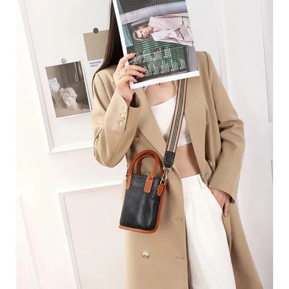Retro Soft Leather Ladies Diagonal New Top Layer Cowhide Mini Bucket Wide Strap Single Shoulder Small Bag