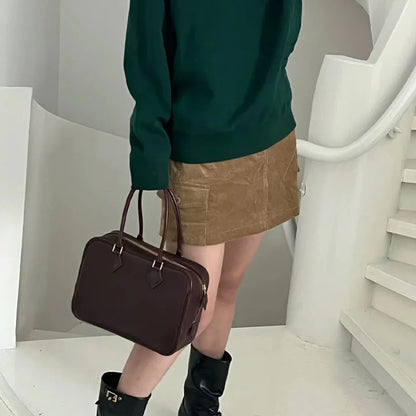Retro Solid Vintage Handbag Large Capacity Commuter Briefcase Versatile Portable One Shoulder Crossbody Practical Purses Clutch