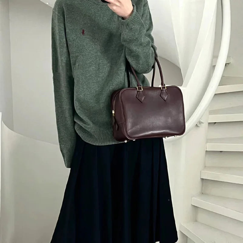 Retro Solid Vintage Handbag Large Capacity Commuter Briefcase Versatile Portable One Shoulder Crossbody Practical Purses Clutch