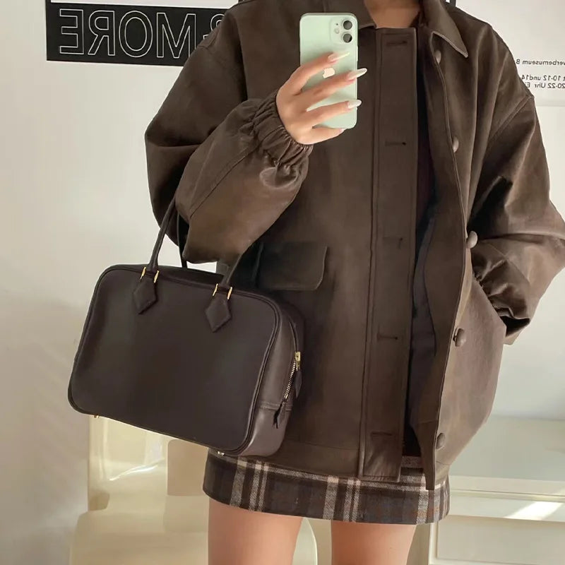 Retro Solid Vintage Handbag Large Capacity Commuter Briefcase Versatile Portable One Shoulder Crossbody Practical Purses Clutch