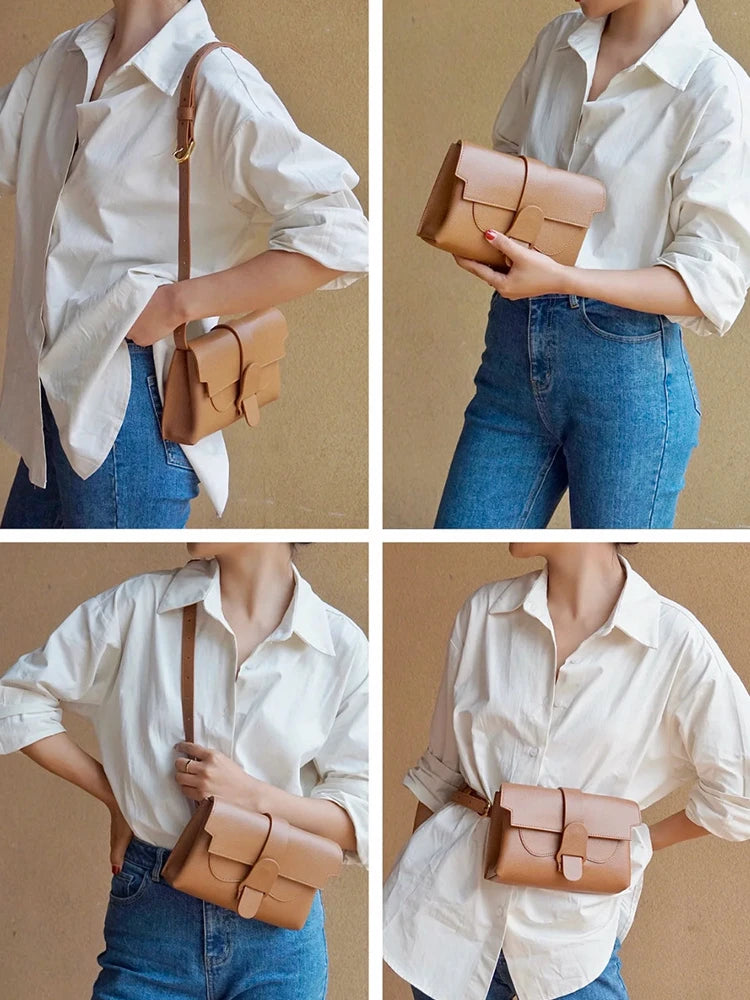 Retro Square Bags for Women Cowhide Luxury Purses Versatile One Shoulder Crossbody Portable Waist Bag Fashion Practical Bolsos