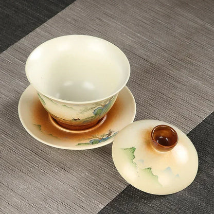 Retro Stoneware Gaiwan Japanese Style Porcelain KungFu Tea Set, Single Bowl, Large Hand Painted Landscape, Firewood Brewing Cup