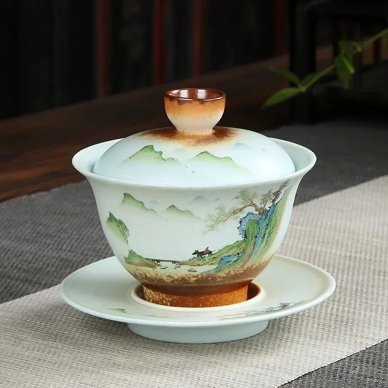 Retro Stoneware Gaiwan Japanese Style Porcelain KungFu Tea Set, Single Bowl, Large Hand Painted Landscape, Firewood Brewing Cup