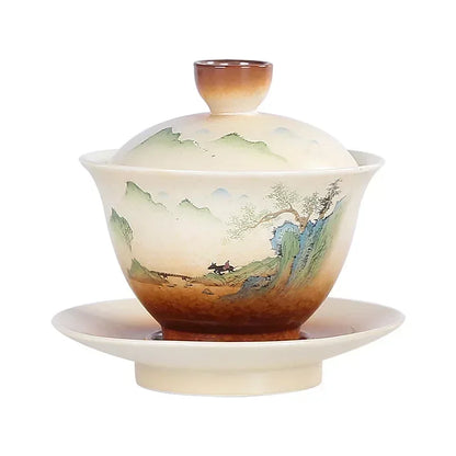 Retro Stoneware Gaiwan Japanese Style Porcelain KungFu Tea Set, Single Bowl, Large Hand Painted Landscape, Firewood Brewing Cup