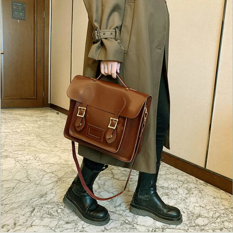Retro Style Women Backpacks Office Lady Artificial Leather Flap Pocket Messenger Bags Briefcase Bookbags