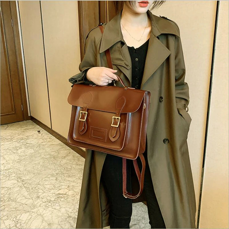 Retro Style Women Backpacks Office Lady Artificial Leather Flap Pocket Messenger Bags Briefcase Bookbags