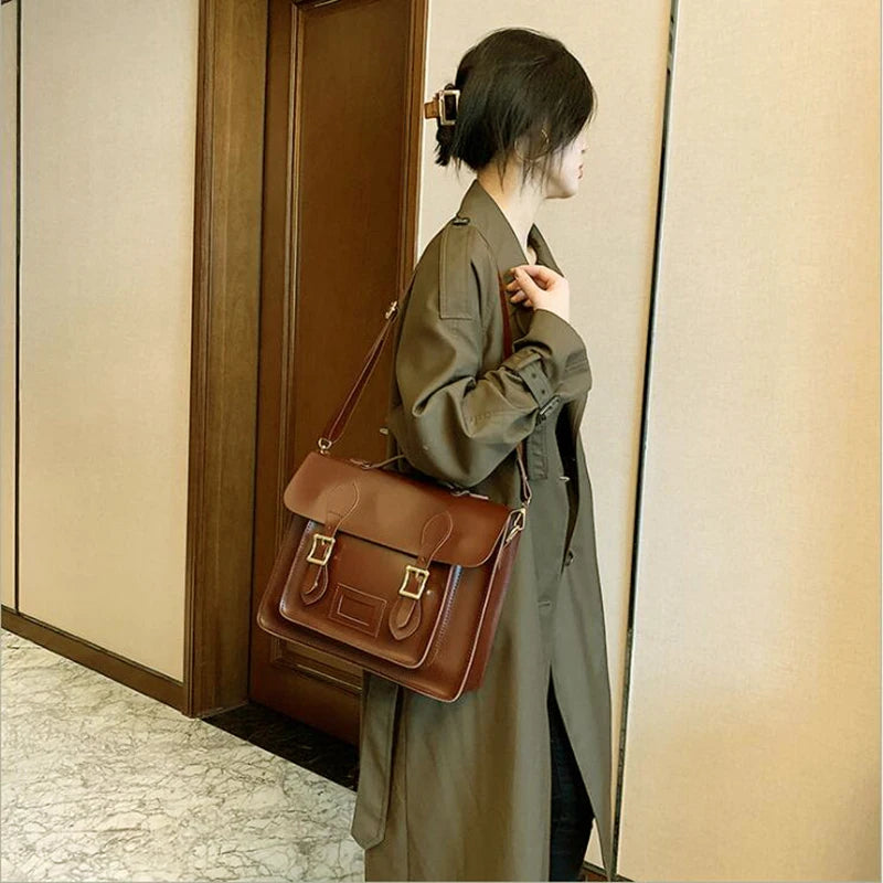 Retro Style Women Backpacks Office Lady Artificial Leather Flap Pocket Messenger Bags Briefcase Bookbags