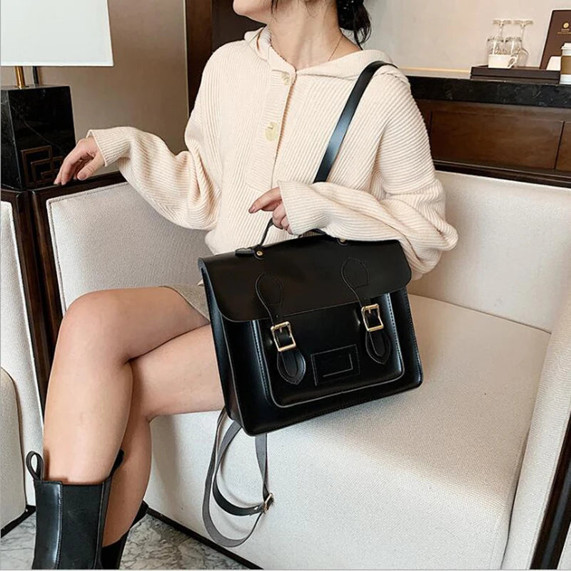 Retro Style Women Backpacks Office Lady Artificial Leather Flap Pocket Messenger Bags Briefcase Bookbags