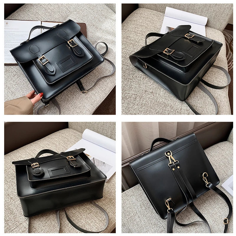 Retro Style Women Backpacks Office Lady Artificial Leather Flap Pocket Messenger Bags Briefcase Bookbags
