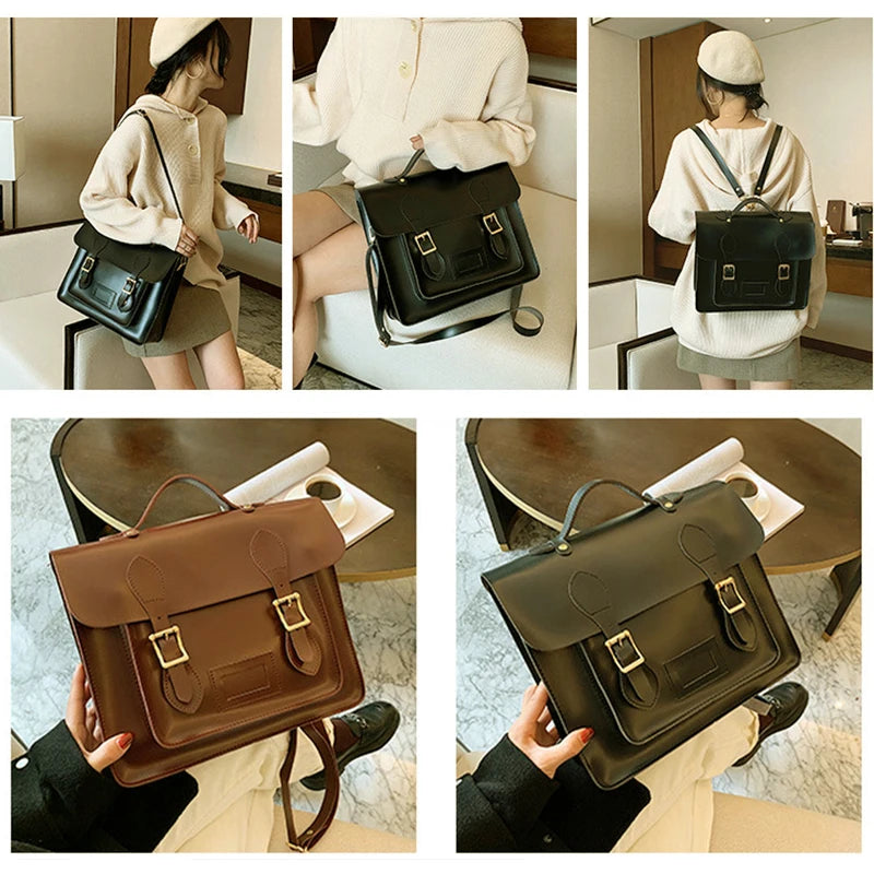 Retro Style Women Backpacks Office Lady Artificial Leather Flap Pocket Messenger Bags Briefcase Bookbags