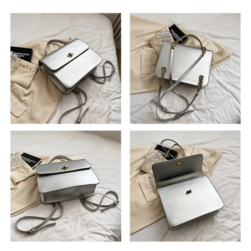 Retro Style Women Chain Mormcore Backpacks Girl HandBags Briefcase Silvery Messenger Bags
