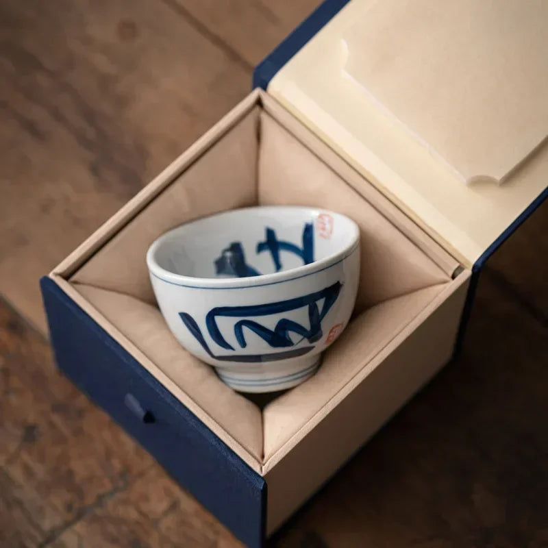 Retro Tea Cup Handwritten Blue White Master Ceramic Kung Fu Set Single Arhat Cups Teaware Kitchen Dining Bar Home Garden