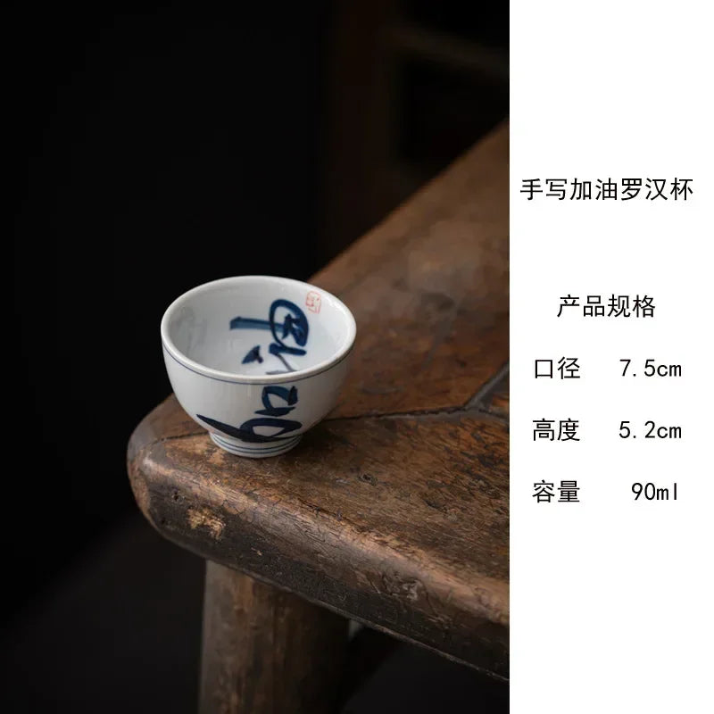 Retro Tea Cup Handwritten Blue White Master Ceramic Kung Fu Set Single Arhat Cups Teaware Kitchen Dining Bar Home Garden