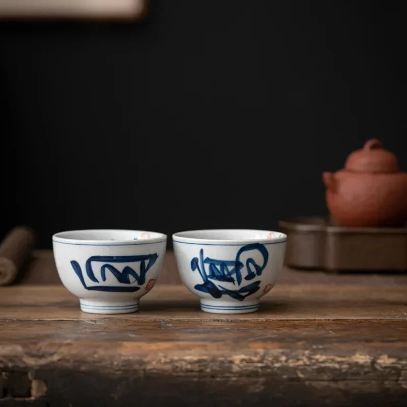 Retro Tea Cup Handwritten Blue White Master Ceramic Kung Fu Set Single Arhat Cups Teaware Kitchen Dining Bar Home Garden
