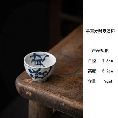 Retro Tea Cup Handwritten Blue White Master Ceramic Kung Fu Set Single Arhat Cups Teaware Kitchen Dining Bar Home Garden