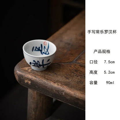 Retro Tea Cup Handwritten Blue White Master Ceramic Kung Fu Set Single Arhat Cups Teaware Kitchen Dining Bar Home Garden