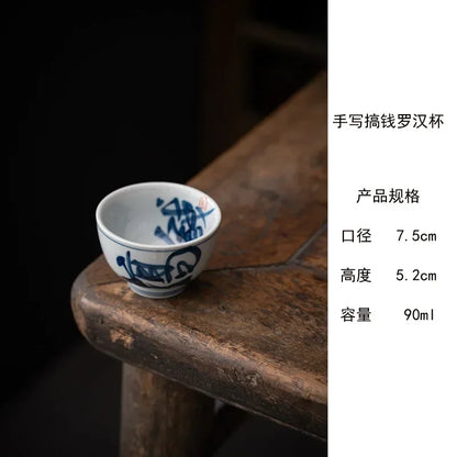 Retro Tea Cup Handwritten Blue White Master Ceramic Kung Fu Set Single Arhat Cups Teaware Kitchen Dining Bar Home Garden