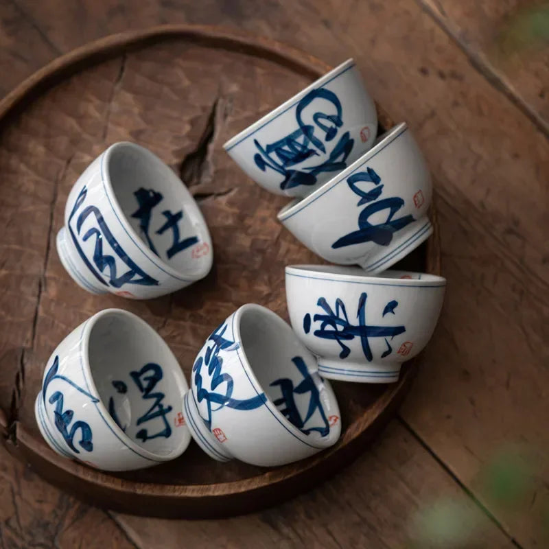 Retro Tea Cup Handwritten Blue White Master Ceramic Kung Fu Set Single Arhat Cups Teaware Kitchen Dining Bar Home Garden