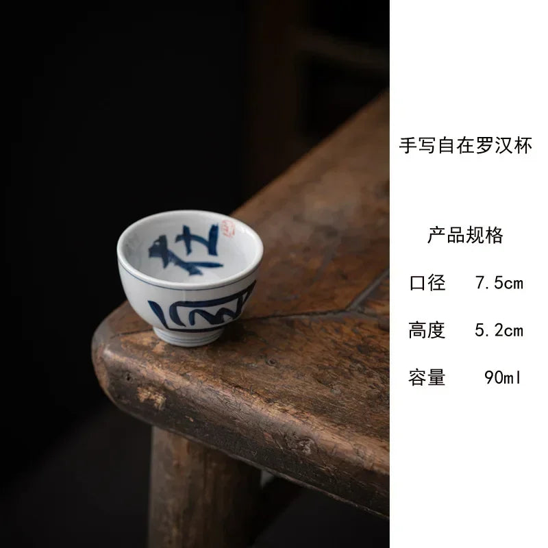 Retro Tea Cup Handwritten Blue White Master Ceramic Kung Fu Set Single Arhat Cups Teaware Kitchen Dining Bar Home Garden