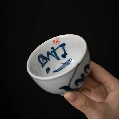 Retro Tea Cup Handwritten Blue White Master Ceramic Kung Fu Set Single Arhat Cups Teaware Kitchen Dining Bar Home Garden