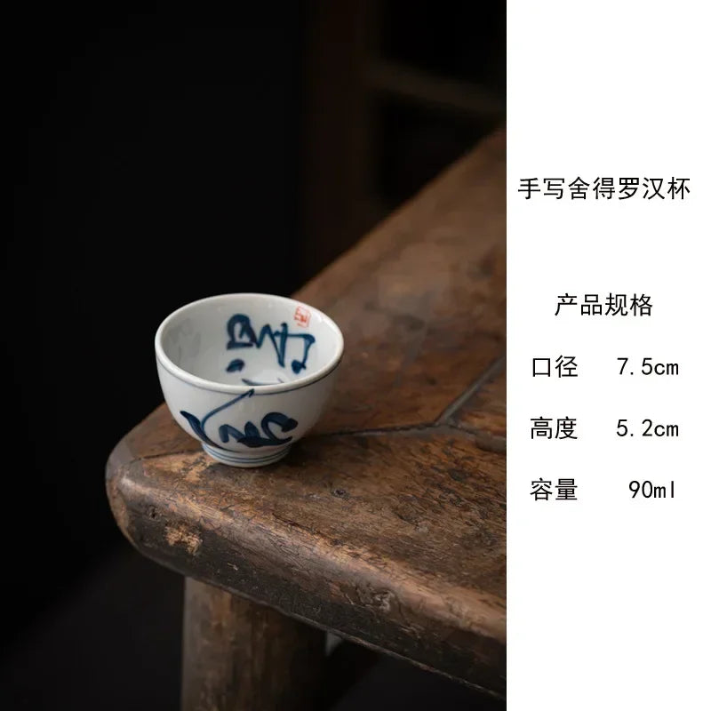 Retro Tea Cup Handwritten Blue White Master Ceramic Kung Fu Set Single Arhat Cups Teaware Kitchen Dining Bar Home Garden