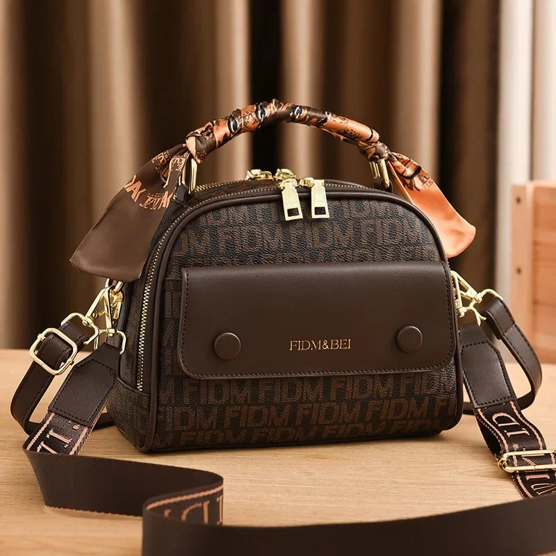 Retro Women's Shoulder Fashion Letter Printing PU Leather Ladies Handbag Large Capacity Casual Crossbody Bag