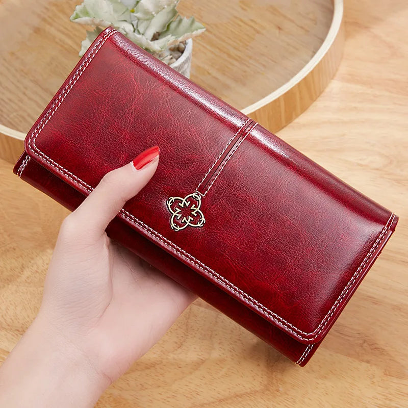 Retro Women's Wallet Oil Wax PU Leather Long Card Holder Soft Wallets for Women Large Capacity Girls Clutch Purse Ladies Wallet