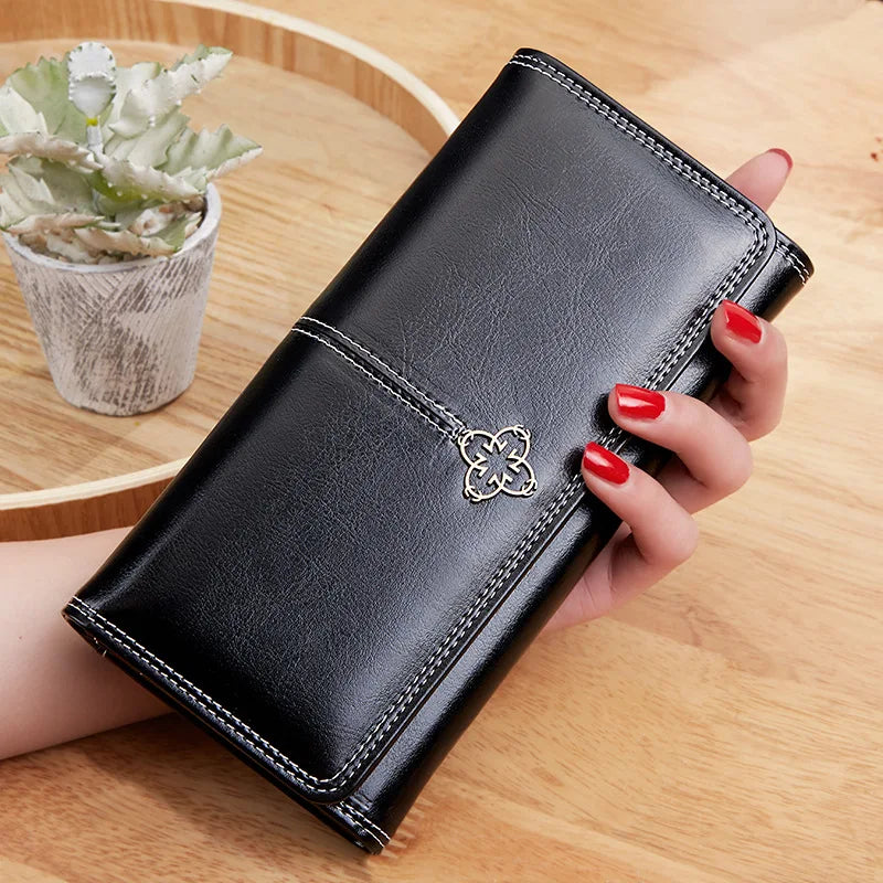 Retro Women's Wallet Oil Wax PU Leather Long Card Holder Soft Wallets for Women Large Capacity Girls Clutch Purse Ladies Wallet