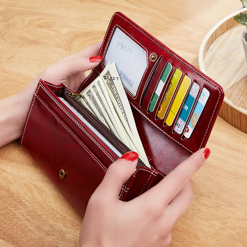 Retro Women's Wallet Oil Wax PU Leather Long Card Holder Soft Wallets for Women Large Capacity Girls Clutch Purse Ladies Wallet